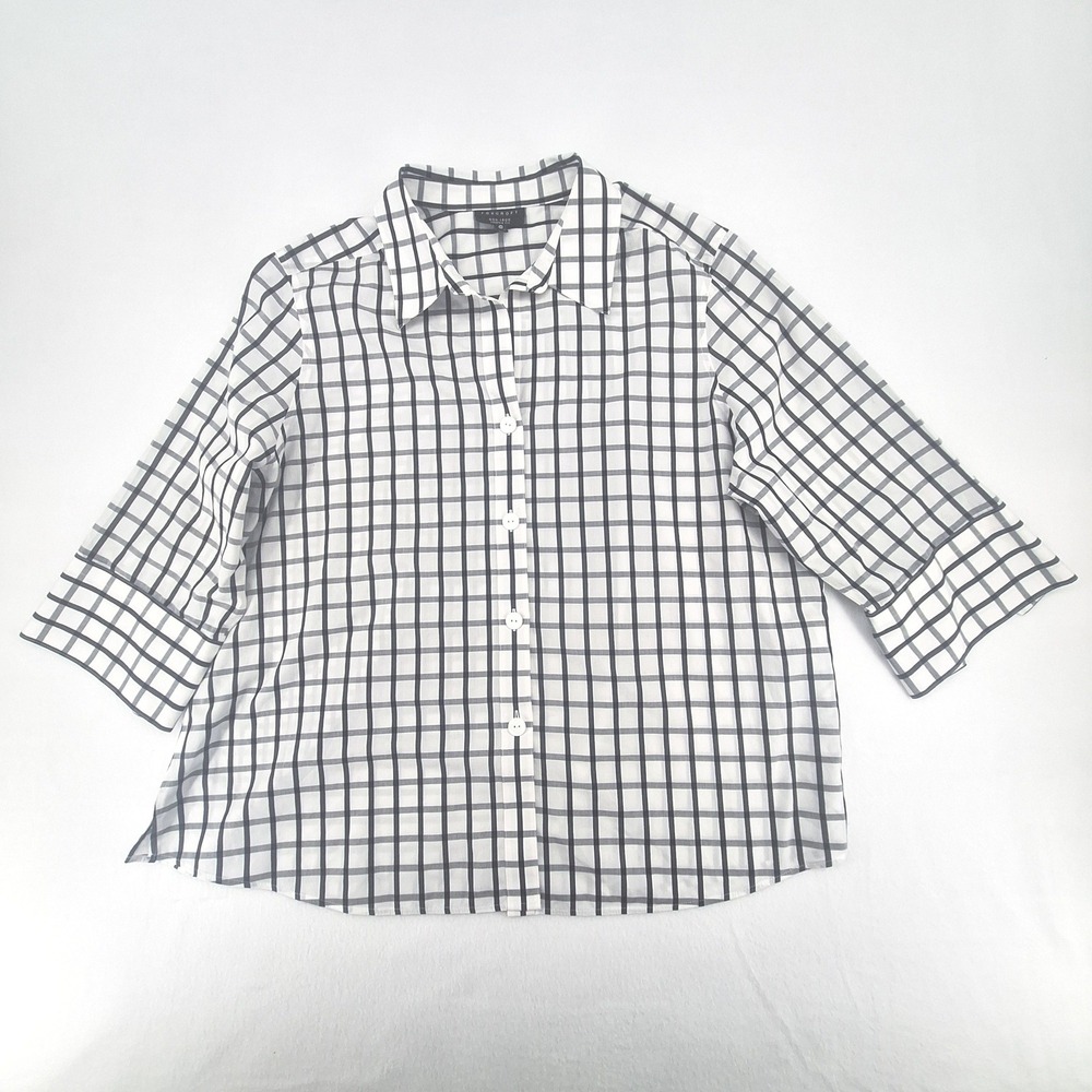Foxcroft Button Down Womens 20W White Black Windowpane Non-Iron Shaped Fit Shirt